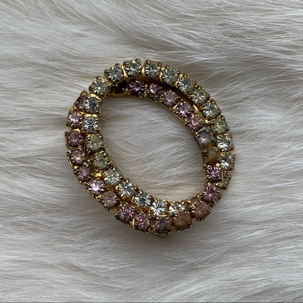 Vintage White & Pink Diamond & Gold Brooch Costume